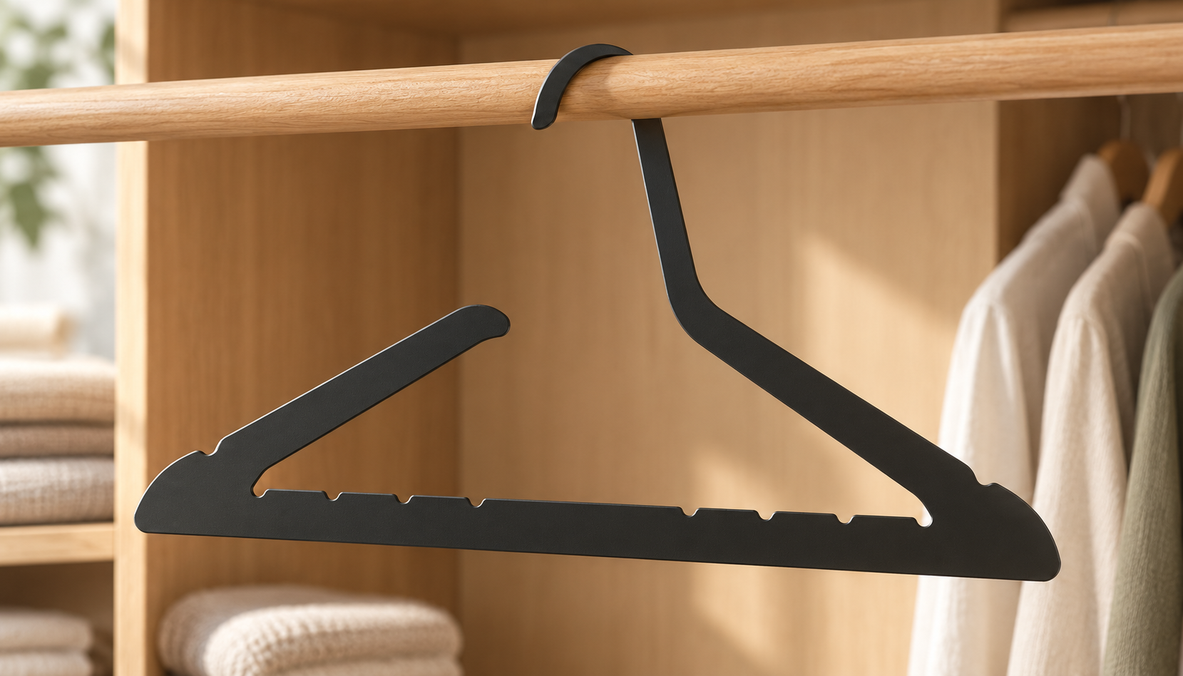 Toga open-side black hanger in a warm oak wardrobe